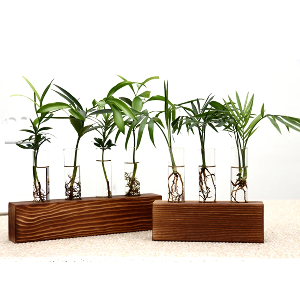 

Plant Hydroponic Bonsai High Borosilicate Crystal Glass Test Tube Vase Flower Pots with Wooden Tray for Home Decoration