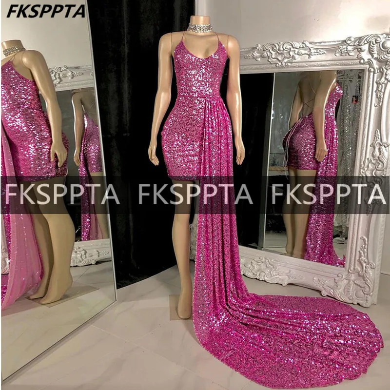 

Fuchsia Sparkly Short Prom Dresses With Long Train Backless Sheath Sexy Sequins Birthday Party Evening Gowns Robe De Soiree