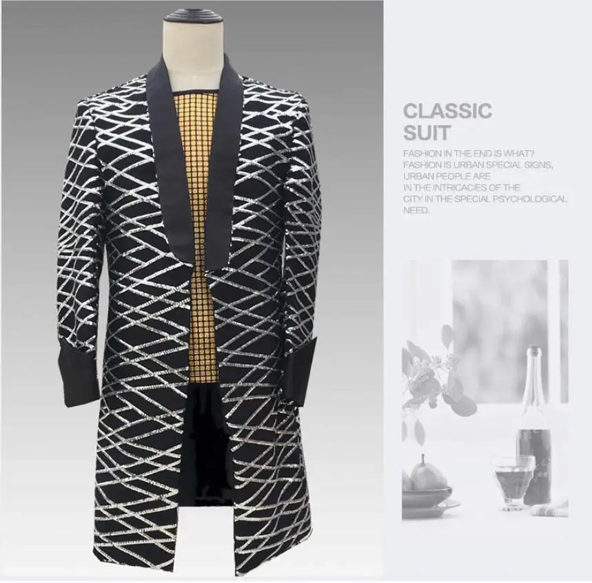 S-6XL!Manufacturers direct bar and nightclub DS punk male singer checkered long sequined suit dress