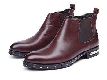 

Men Leather Boots Botas Work Shoes Wedding Shoes Ankle Cowhide Round Toe Thick Bottomed Cowhide Hombre Black Brown 44 Size Solid
