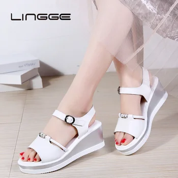 

LINGGE Summer Women Flat Sandals Shoes Women Wedges Platform Sandalias Buckle Sandals High Heels Strap Sandals Ladies Peep Toe