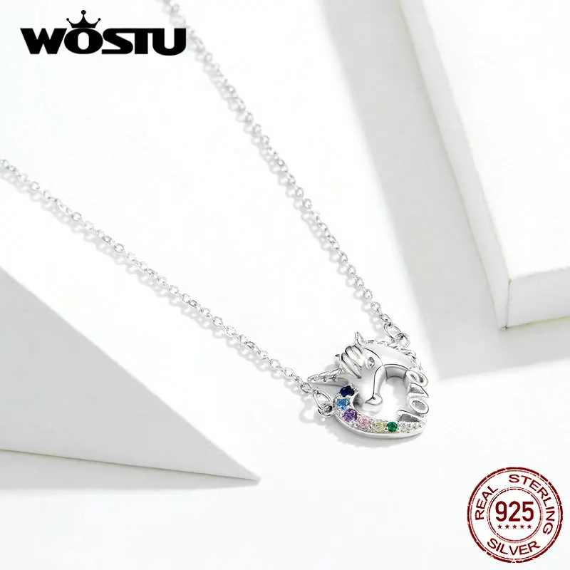 WOSTU, настоящее 925 пробы, серебряный единорог любви, ожерелья, циркон, подвеска, длинная цепочка, звено для женщин, свадебная мода, ювелирное изделие, FIN348