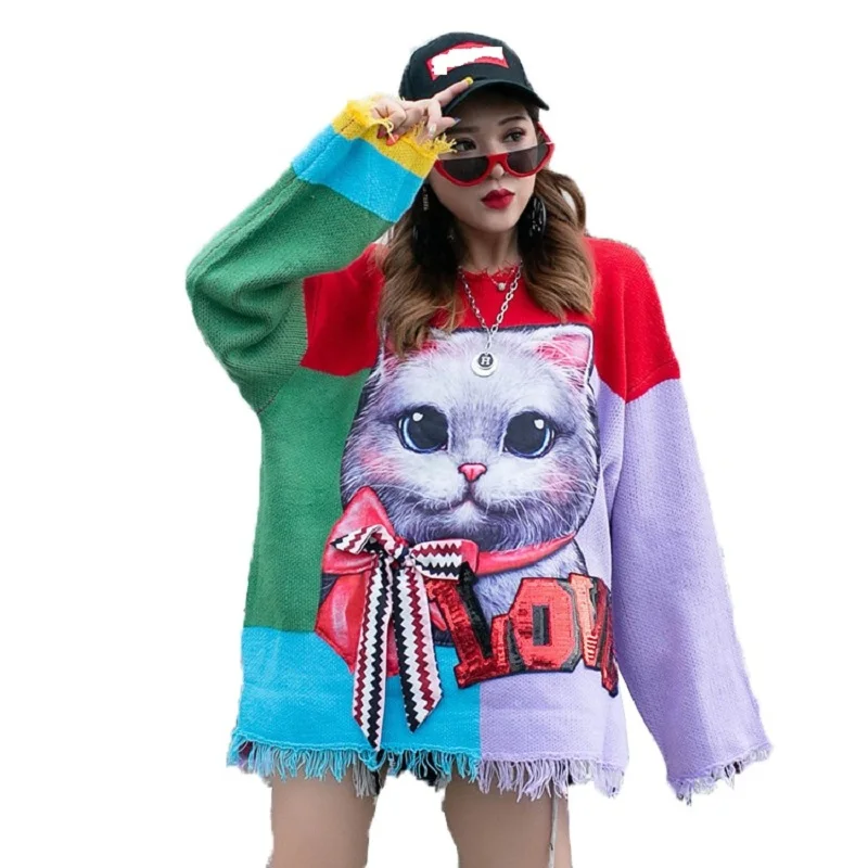 QING MO Patchwork Color Women Sweater Cat Printed Pullovers 2019 Autumn Winter Chic Casual Style ZQY1486 | Женская одежда