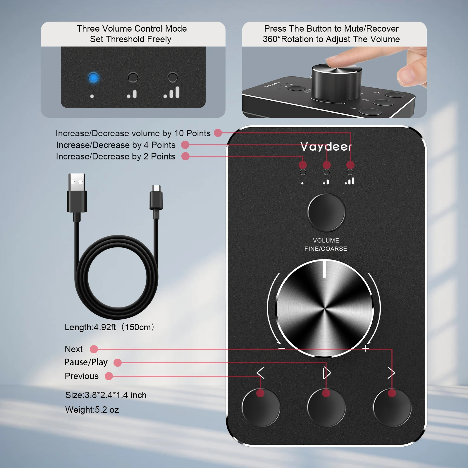 Volume Control Knob para Computer Speaker Controlador Usb One-click Mute Function Volume Control Modes Audio Ajustar - Imagem 3