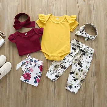 

2020 Summer Newborn Infant Baby Girl Floral Bodysuit+ Pants + Headband 3Pcs Outfit Clothes for Baby Light Suit Short Sleeved