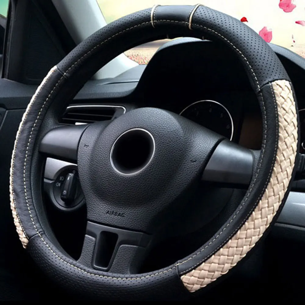 Бежевый DSYCAR 1 шт. чехол рулевого колеса автомобиля из натуральной кожи дышащие противоскользящие рулевые чехлы подходят 38 см Авто украшения - Название цвета: Бежевый