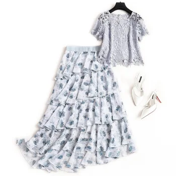 

spring summer casual fashion Suit sets Womens tops and blouses+ print chiffon ruffle Irregular skirt 2 piece set