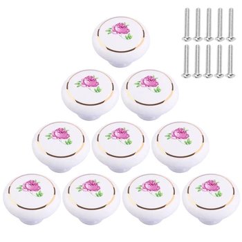 

10pcs Flower Pattern European Style Ceramic Handle Graceful Doorknob For Cabinet Drawer Wardrobe Door - Pink Flower Golden Edge