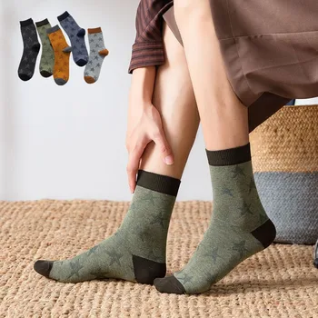

Cotton Crew Socks Men's Fashion Tide Classic Star Pattern Color Patchwork Easy Matching Casual Simple Man Socks Autumn Winter