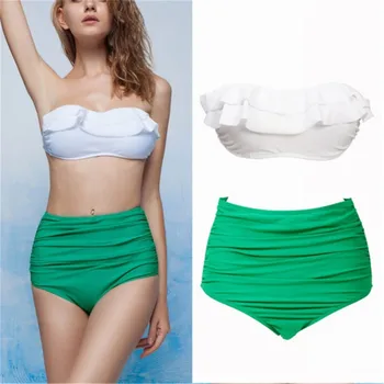 

YICN High Waist Swimwear Women 2020 Sexy Bikinis Swimsuit Ruffle Vintage Bandeau Bottom Bikini Set bandage Bathing Suits tanga