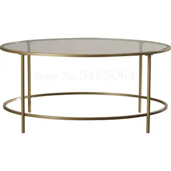 

Nordic Living Room Tempered Glass Coffee Table Iron Round Golden Transparent Creative Size Apartment Table Simple And