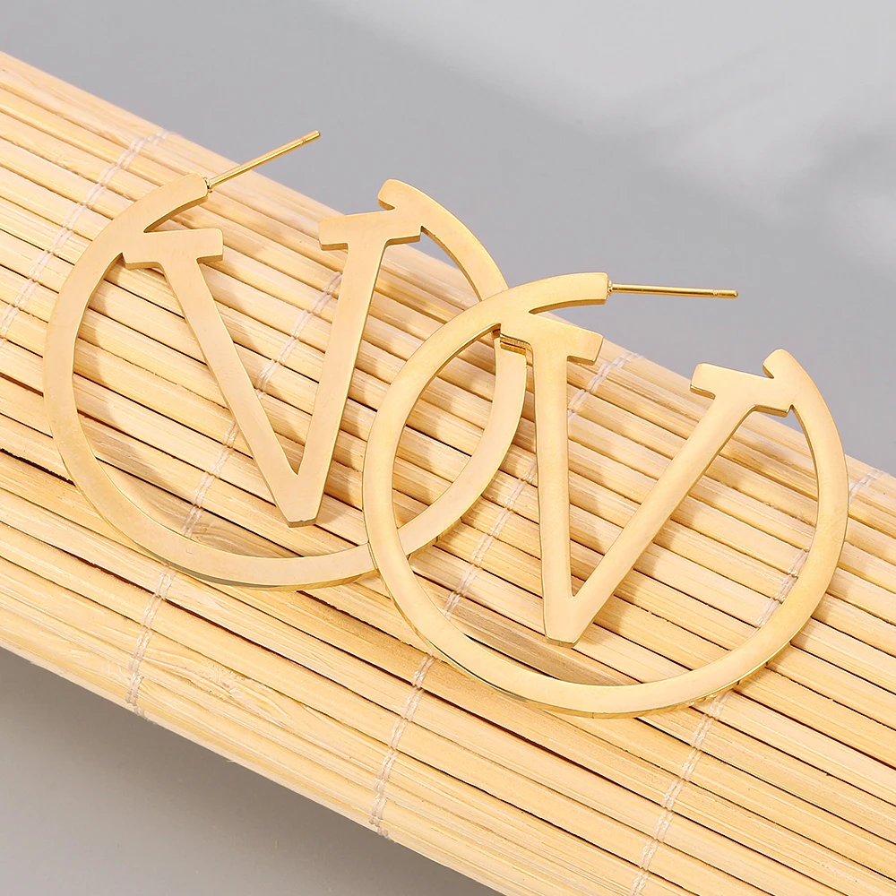 Punk Metal Round Letter V Hoop Earrings Gold Color Hollow