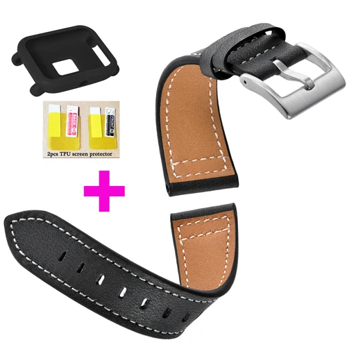 YHNUJM Crazy horse кожаный ремешок+ защитный чехол для экрана Xiaomi Huami Amazfit Youth Смарт-часы наручные часы 20 мм - Цвет: Balck