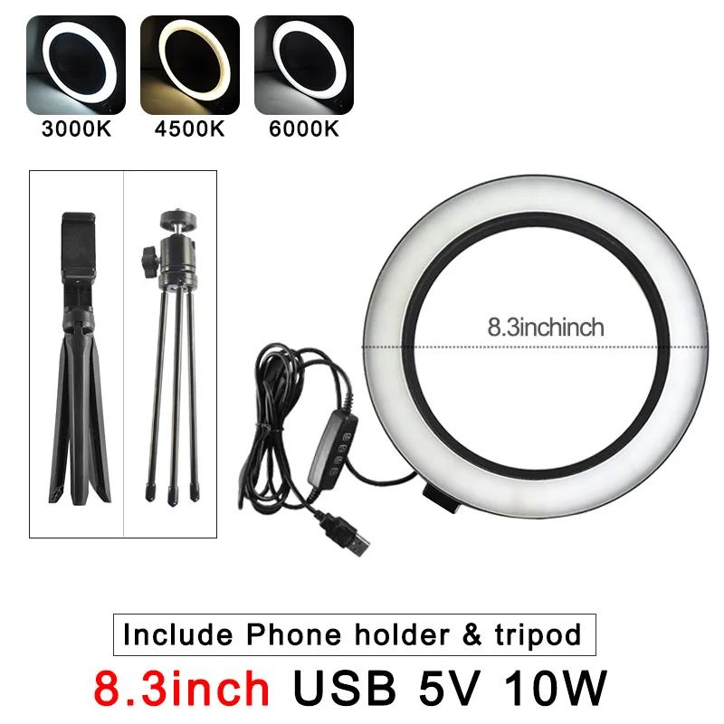 Светодиодный кольцевой светильник для селфи 8,3, 10 дюймов, 10 Вт, 20 Вт, USB, 5 В, с регулируемой яркостью, светодиодный кольцевой светильник для фото, видео камеры, телефона, светильник для YouTube, заполняющий светильник - Цвет: 10W with tripod