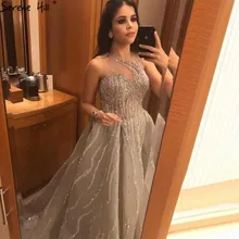 Серое роскошное вечернее платье в Аравийском стиле с круглым вырезом, без рукавов, ТРАПЕЦИЕВИДНОЕ вечернее платье Serene hilm LA70268