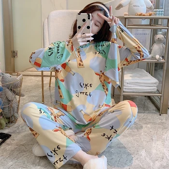 

Large Size Casual Home Clothes for Women Short Sleeve Long Pant Pajamas Set Spring Autumn Cotton Pijama Cute Cartoon Pyjama Suit