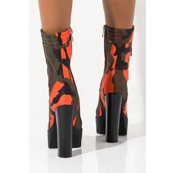 

2020 New Style Chunky Platform Bootie Female Camouflage Print Round Toe Block Heel Boots Mid Calf Winter Boots Women Night Club