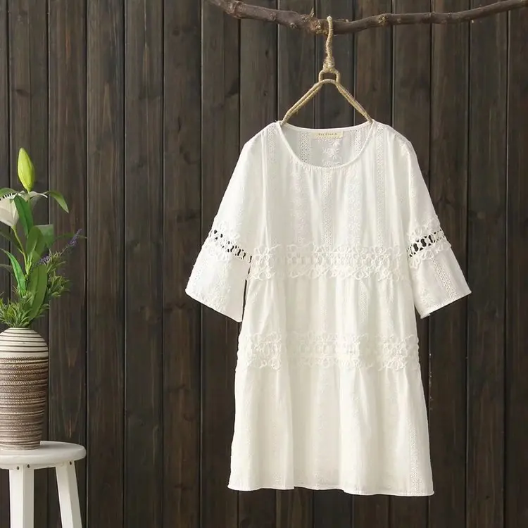 

WOMEN'S Dress 2018 Summer Literature And Art Hipster Embroidered Hollow out Loose-Fit Crew Neck Short-sleeve Dress Women's S2028