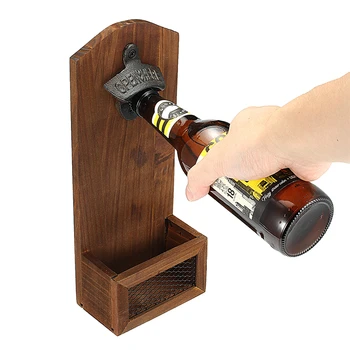 

Creative Wooden Beer Opener Corkscrew Vintage Wall Mount Magnet Refrigerator Sticker Juice Bottle Wine Cap Storage Basket Opener