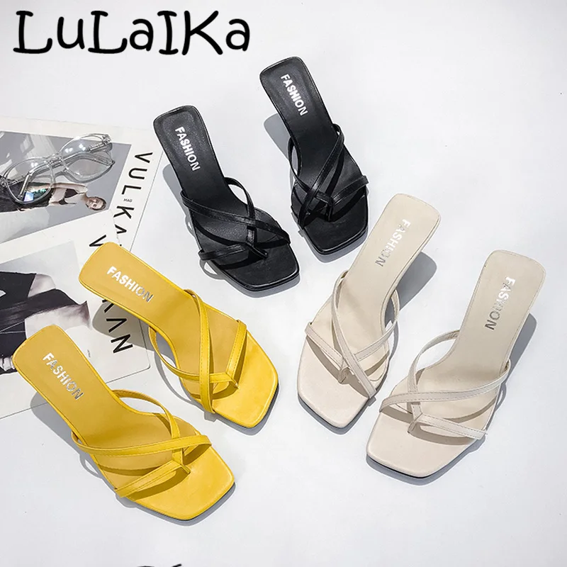 

2019 Summer New Ladies Slippers Fashion Korean Version Of The Thin Straps Toe High Heel Sandals Wild Square Stiletto Casualshoes