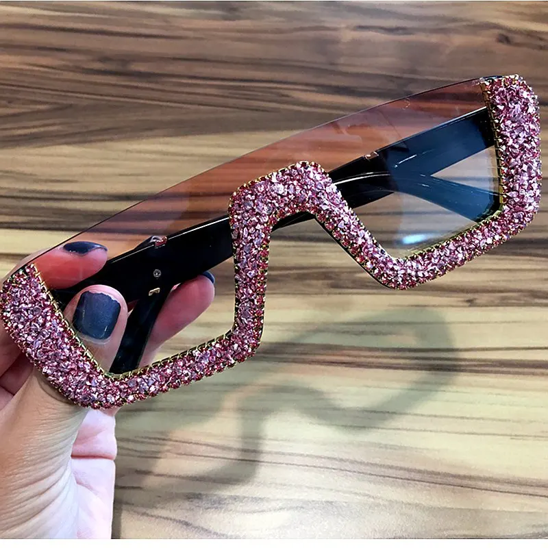 pink Квадратные роскошные солнцезащитные очки wo мужские брендовые дизайнерские женские негабаритные Стразы Солнцезащитные очки Мужские полуоправы очки для женщин UV400 - Цвет линз: pink