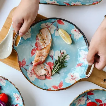 

KINGLANG Flower Designed Japanese Round Dinner Plate Kitchen Household Dish Plate with Handle