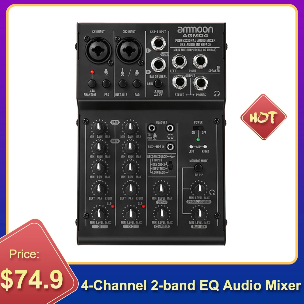 Audio-Mixer Ammoon Phantom Power Mixing-Console Digital 4-Channel Built-In EQ Mini 48V