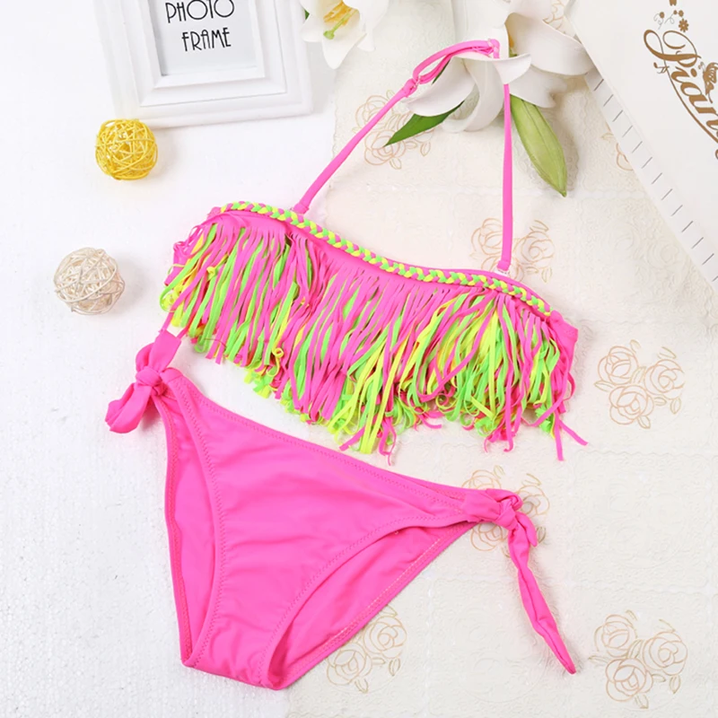 

2020 Children's Summer Swimwear Girls Solid Color Fringe Split Swimsuit Bikini Beach Set Kids Bathing Suit Kids Swimming Suit