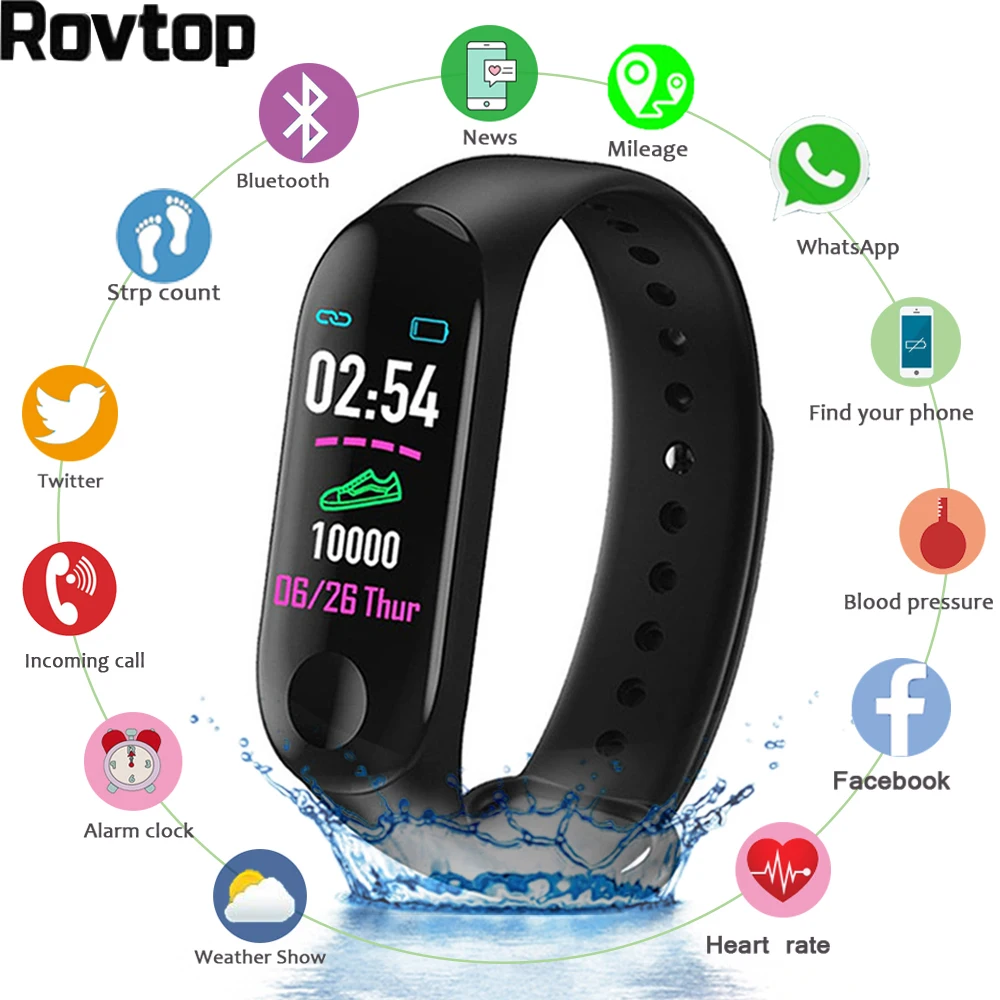 Rovtop мужские Смарт часы M3 Plus браслет монитор сердечного ритма кровяное давление