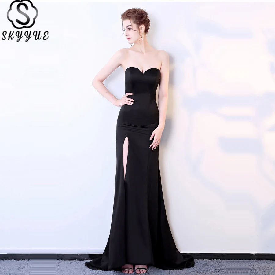 

Skyyue Evening Dress Strapless Sleeveless Solid Robe De Soiree Sexy Split Wrap Mermaid Dress Long Dresses Evening H005