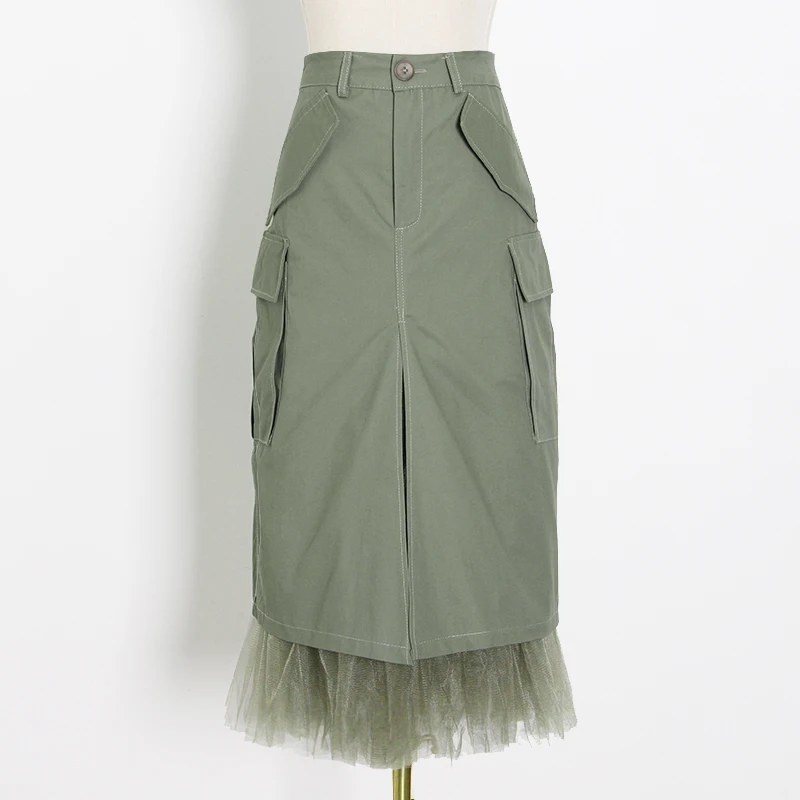 TWOTWINSTYLE Patchwork Mesh Skirt Women High Waist Pocket Split Casual Straight Skirts Female 2020 Summer Fashion New Clothing
