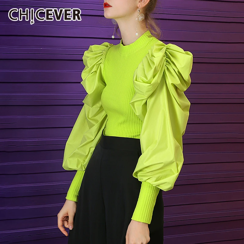 

CHICEVER Korean Knitted Sweater For Women O Neck Puff Sleeve Slim Patchwork Female Sweaters 2019 Autumn Fashion New Clothes