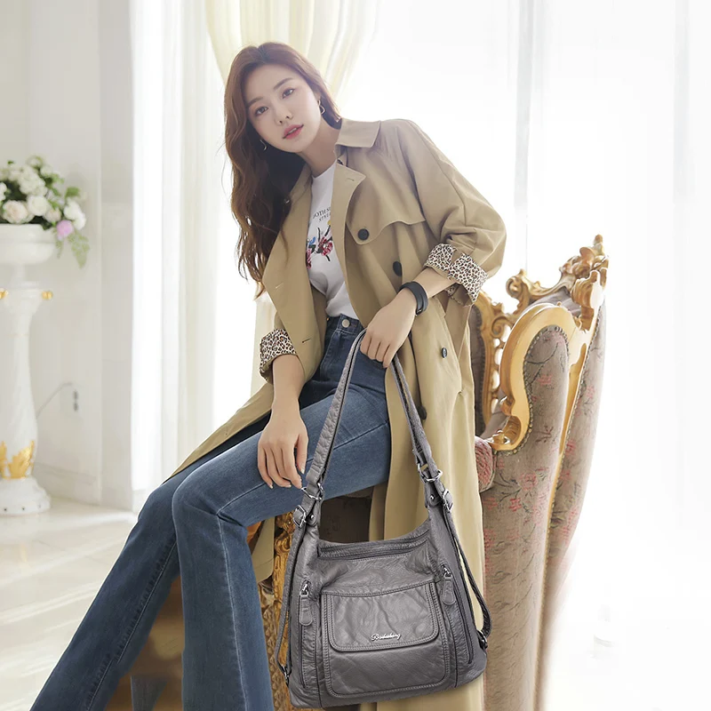 Women's bag large capacity soft PU leather handbag 2020 new trend ladies shoulder messenger bag gray 2