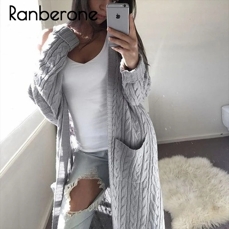 Ranberone New Autumn Winter Women Cardigan Long Coat Fashion Casual Solid Knitted 2019 Female Keep Warm Sweater Open Stitch Coat