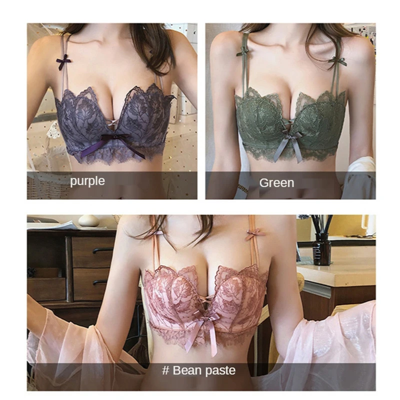 Women Sweet Sexy Lace Bow-knot Bra and Panty Set New Fashion Romantic  Purple Push Up Cozy Underwear Without Underwire Lingerie