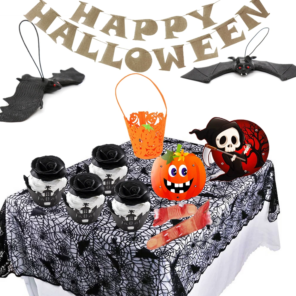

Halloween Decoration Lace Knitted Spider Web Table Cloth Cake Wrapper Ghost Skull Pumpkin Candy Bag Confetti Light Party Supply