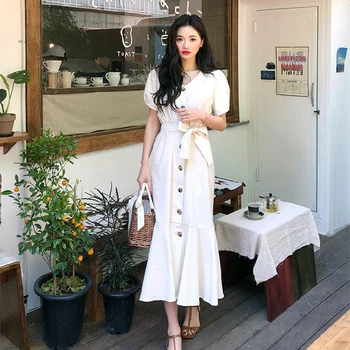 

Single-breasted Summer Long Mermaid Dress Women Korean French Maxi Dress Elegant V- Neck Party Dress Vintage Short Sleeve Lace