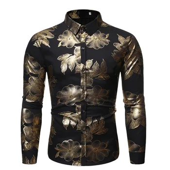 

Mens Black Bronzing Floral Dress Shirts 2019 Brand New Slim Fit Long Sleeve Shirt Men Party Nightclub Casual Chemise Homme