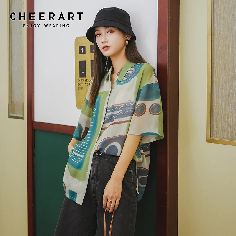 Женская шифоновая блузка CHEERART зеленая рубашка с коротким рукавом Свободный Топ