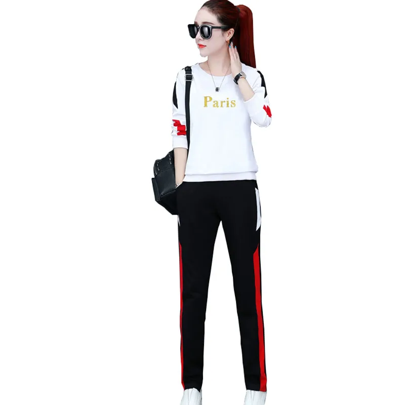 

Women Spring Autumn Sports Suit Round neck Long-sleeved Trousers Letter Cotton Traje Large size Slim Running Suits Female OK719