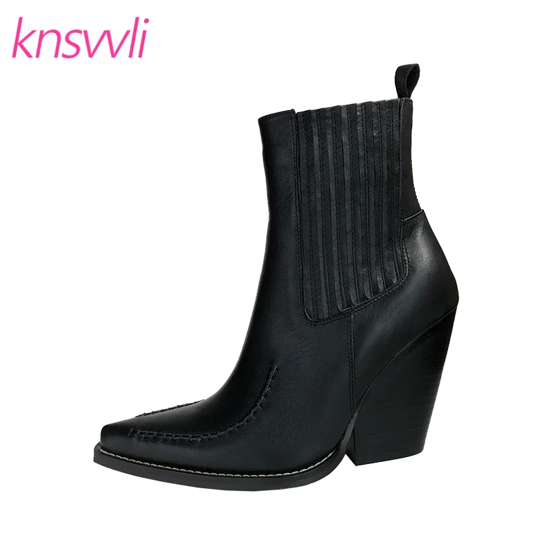 

Black Genuine Leather Chunky Heels Ankle Boots Women Pointed Toe Elastic Chelsea Boots Spike Heels Motorcycle Boots Woman