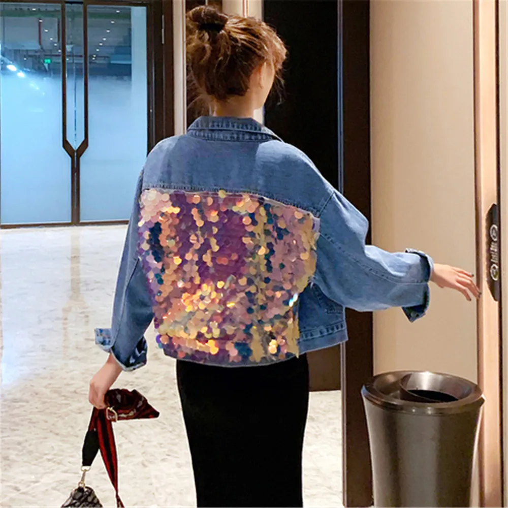 

Autumn Winter Harajuku Long Sleeve Denim Jacket Women Back Sequins Coat Vestidos Jacket Woman Clothes 2019 Tops Abrigos Mujer