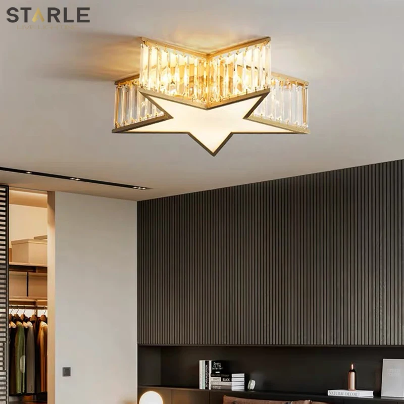 

All copper led ceiling lamp bedroom lamp warm crystal lamp romantic light luxury creative personality star children's room light