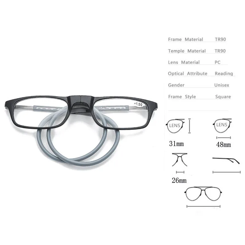 Висящие на шее Магнитные очки для чтения для мужчин и женщин унисекс сверхлегкие гибкие очки для пресбиопии+ 1,00+ 1,50+ 2,00+ 2,50+ 3,00