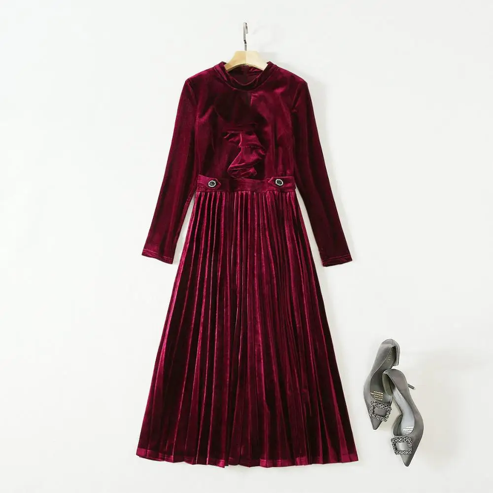 Autumn Runway Designer High End Women Velvet Dress Pure Color Stand Collar Ruffled Long Sleeve Pleated Dress 2 Colors