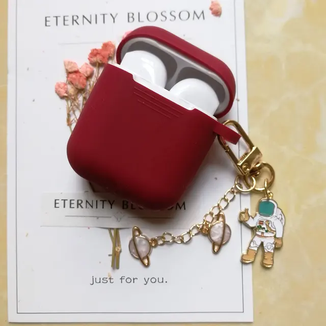 Cosmic Astronaut Spaceman Silicone Case for Apple AirPods 1 2 Case with Keychain Wireless Earphone Case Accessories Cover Box wine red