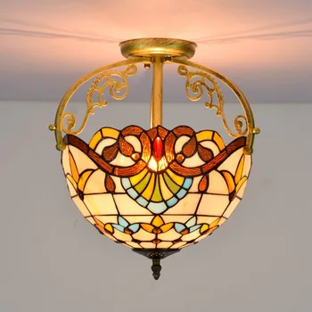 

30cm European-Style Vintage Baroque Colored Glass Restaurant Bedroom Corridor Bathroom Glass Semi-Ceiling Lamp