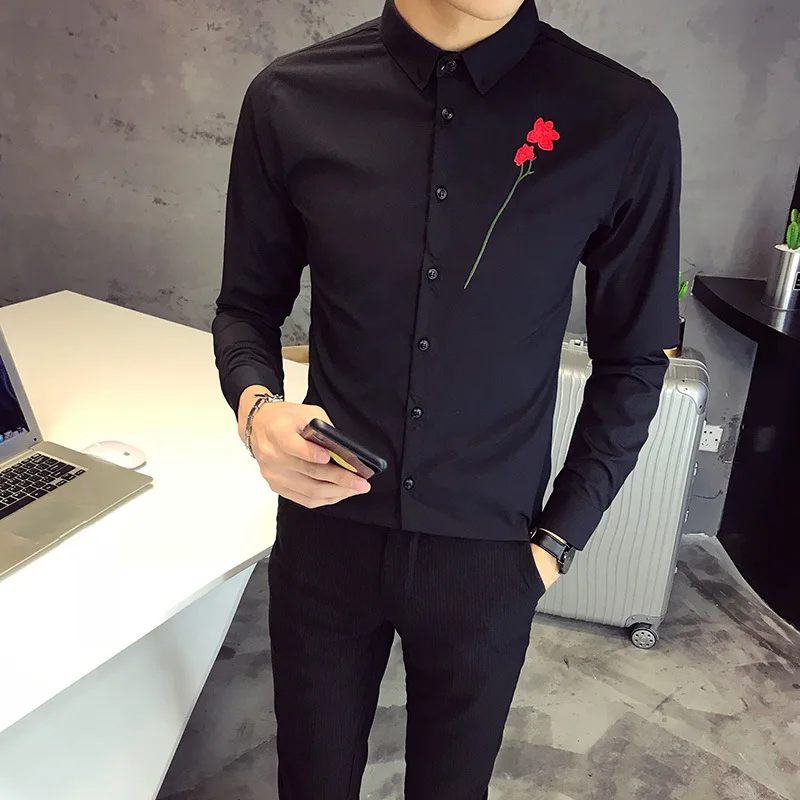 Рубашка с вышитыми цветами, мужская, с длинным рукавом, брендовая, Camisa Masculina, приталенная, уличная, для выпускного, смокинг, для ночного клуба, вечерние рубашки