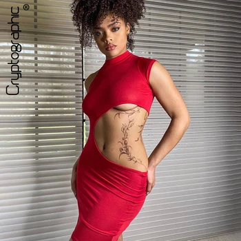 

Cryptographic Hot Sexy Cut-Out Red Party Club Mini Dress Solid Summer Fashion Elegant Knitted Women Bodycon Dresses Vestidos