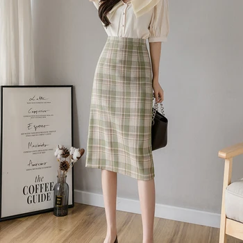 

Falda Mujer 2020 Plaid Skirt Korean Style Women Knee Length Zipper Cotton Woman Clothes Summer Formal Skirts Womens Jupe Femme